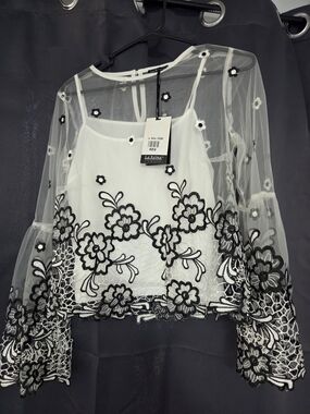 Women's White Sheer Floral Embroidered Lace Top- La Reina
